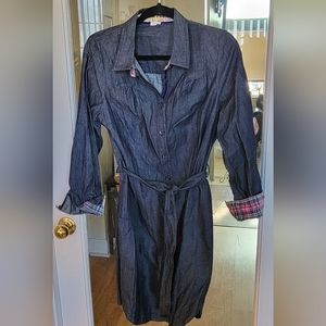 BODEN denim dress with pastel plaid accents and tie waist. Size 8